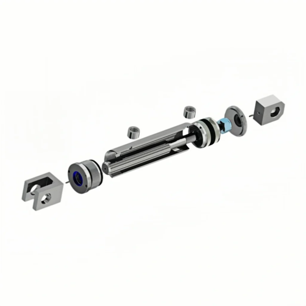 Exploded view of hydraulic cylinder parts: cylinder tube, piston rod, clevis mounts, bushings, seals and end caps